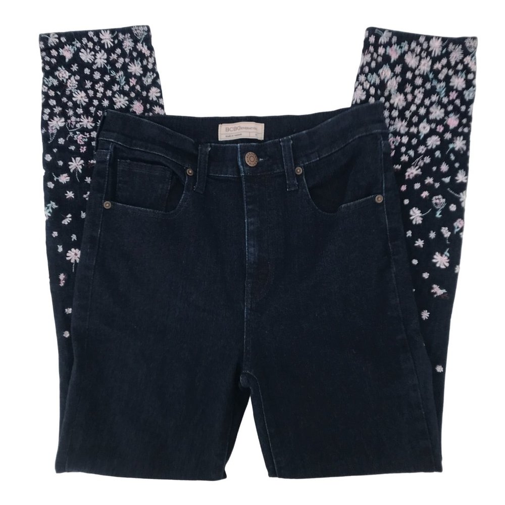 BCBGeneration Womens Dark Wash Blue Embroidered Ankle High Rise Skinny Jeans 26